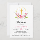 Roze bloemstuk, gouden kruis meisje doop kaart (Voorkant)