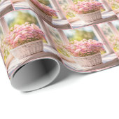 Roze bloemstuk in rieten mand cadeaupapier (Rol Hoek)