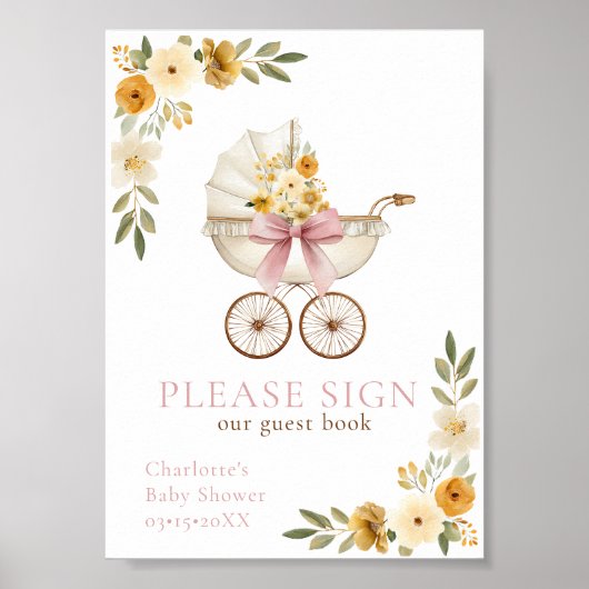 Roze Bloemstuk Koets Gastboek Bord Poster (Voorkant)