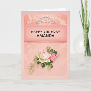 Roze bloemstuk met diamanten tiara prinses verjaar kaart