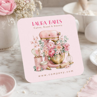 Roze bloemstuk standmixer waterverf bakkerijlogo vierkante visitekaartje