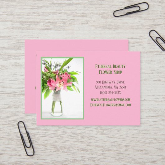 Roze bloemstuk visitekaartje (Voorkant / Achterkant in situ)