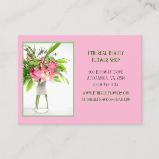 Roze bloemstuk visitekaartje (Voorkant)