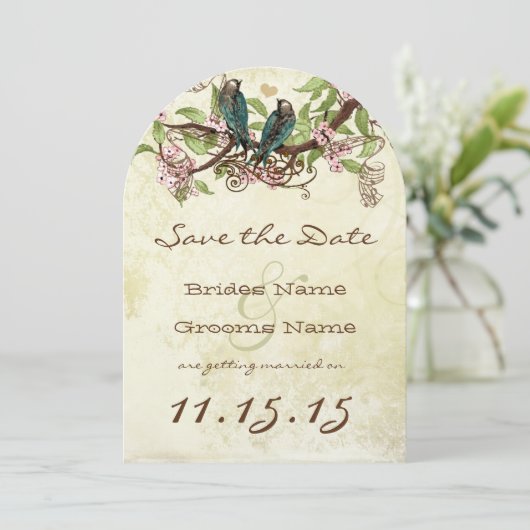 Roze bloemtak vintage teal vogel save the date kaart (Staand voorkant)