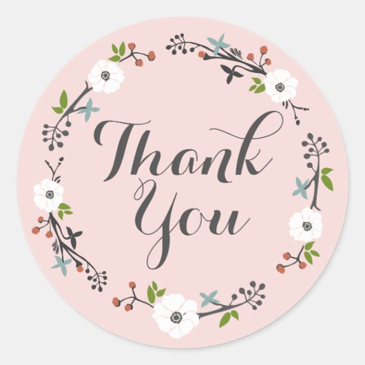 Roze bloemtakkrans | Dank u Sticker (Voorkant)