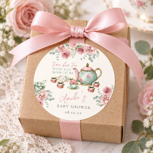 Roze bloemthee met de aanstaande moeder Baby Showe Ronde Sticker
