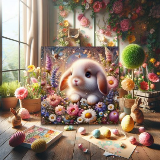 Roze Bloemtuin Schattige Baby Bunny Paasfeest Feestdagenkaart