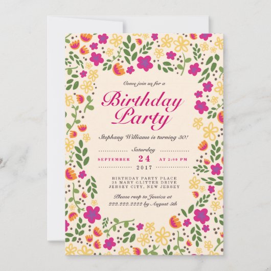 Roze bloemtuin Whimsy Birthday Invite Kaart (Voorkant)