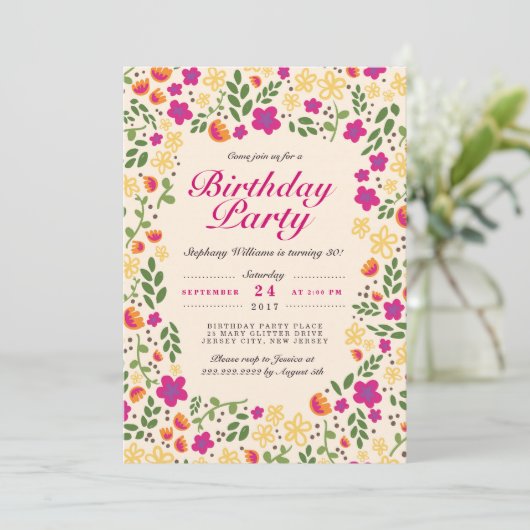 Roze bloemtuin Whimsy Birthday Invite Kaart (Staand voorkant)