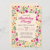 Roze bloemtuin Whimsy Birthday Invite Kaart (Voorkant / Achterkant)