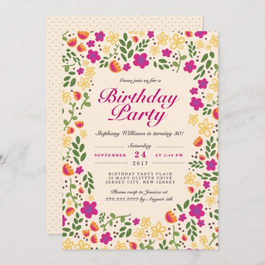 Roze bloemtuin Whimsy Birthday Invite Kaart (Voorkant / Achterkant)
