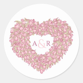 Roze bloemtulpen hart bouquet monogram ronde sticker
