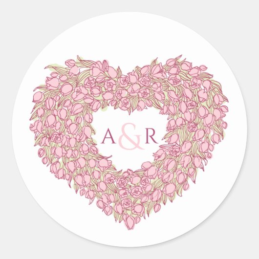 Roze bloemtulpen hart bouquet monogram ronde sticker (Voorkant)
