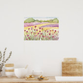 Roze Bloemveld zonsondergang Schilderen waterverf Poster (Keuken)