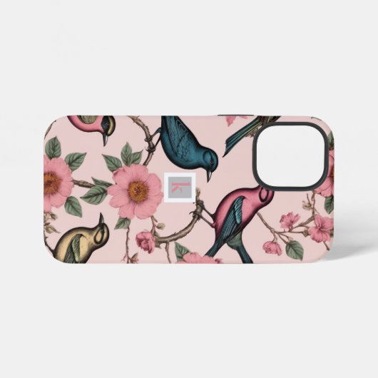 roze bloemvogels botanisch monogram iPhone hoesje (Achterkant horizontaal)