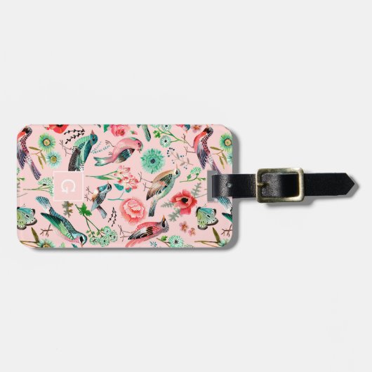 roze bloemvogels botanisch patroon bagagelabel (Voorkant horizontaal)