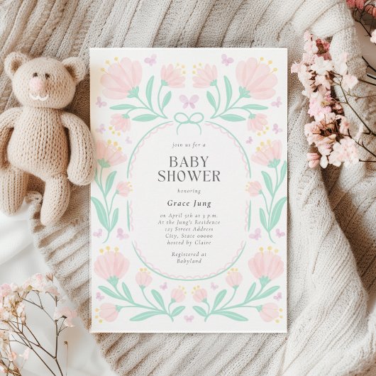 Roze bloemwaterverf meisje babyshower uitnodiging