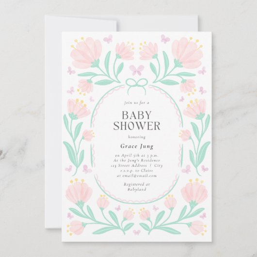 Roze bloemwaterverf meisje babyshower uitnodiging (Voorkant)