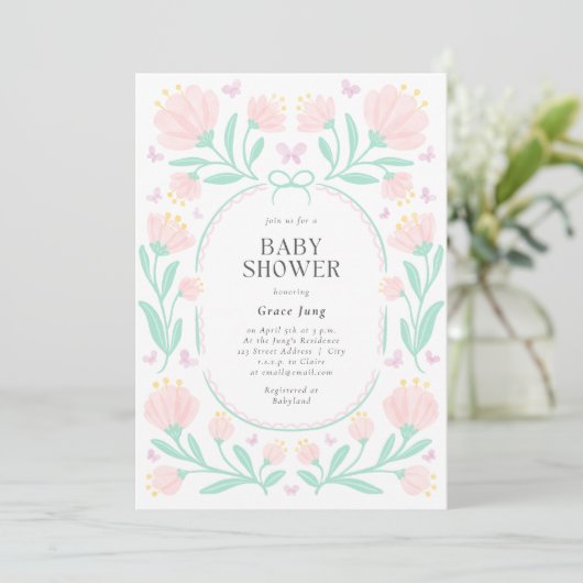 Roze bloemwaterverf meisje babyshower uitnodiging (Staand voorkant)