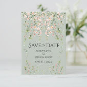 Roze bloesbloem Sage Green Wedding Save The Date (Staand voorkant)