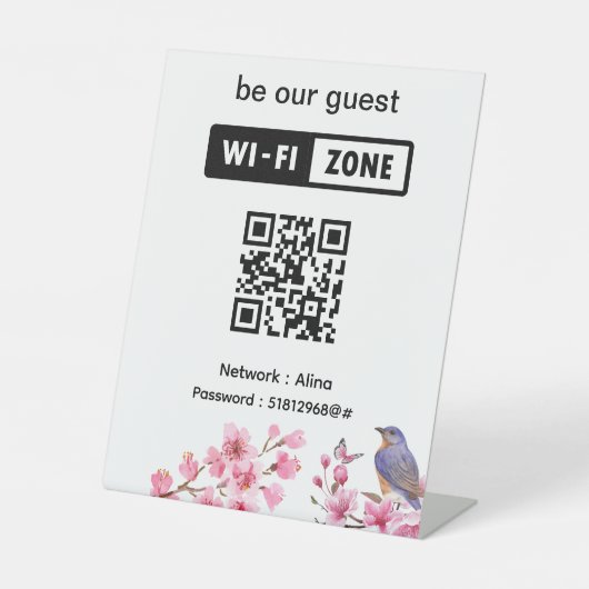 Roze Bloesem Bloem Trouwen Gast Wifi Reclamebord Met Voetstuk (Voorkant)