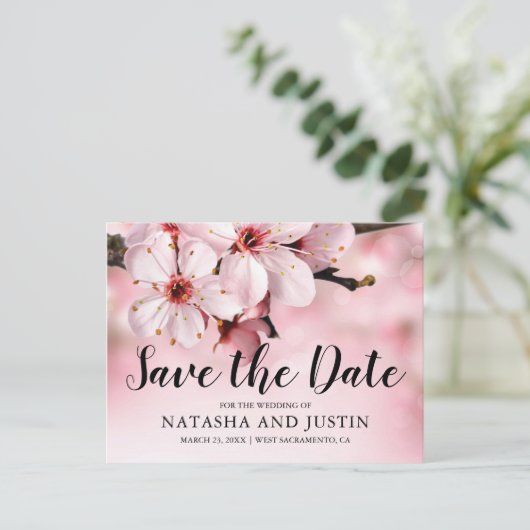 Roze Bloesem Bloemen Huwelijk Save the Date Briefkaart (Staand voorkant)