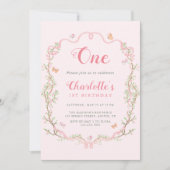 Roze Bloesem Bloemen Lijst 1e Verjaardag Kaart (Voorkant)