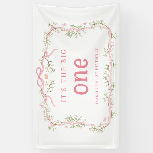 Roze Bloesem Bloemen Lijst 1e Verjaardagsfeest Spandoek (Verticaal)