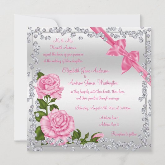 Roze Bloesem, Bogen & Diamanten bruiloft Kaart (Achterkant)