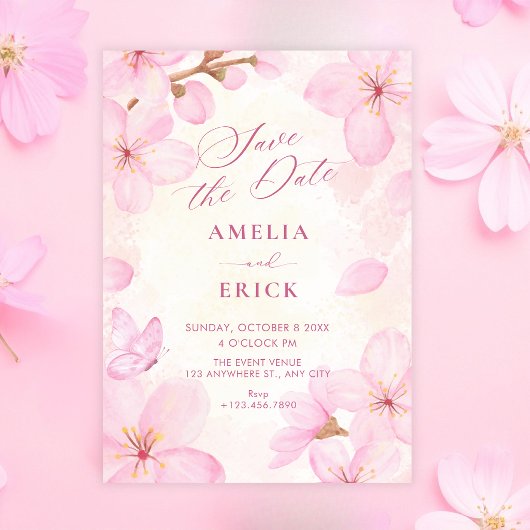 Roze bloesem bruiloft save the date