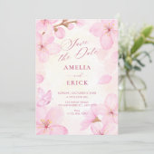 Roze bloesem bruiloft save the date (Staand voorkant)