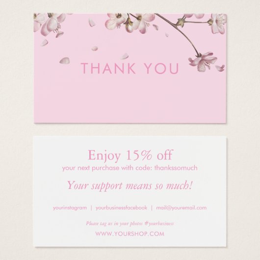 Roze bloesem Dank u voor het kopen Korting Kaart (Voorkant /achterkant)