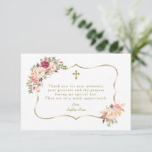 Roze bloesem Floral Gold Lijst Cross-Baptisme Bedankkaart (Staand voorkant)