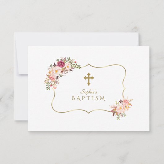 Roze bloesem Floral Gold Lijst Cross-Baptisme Bedankkaart (Achterkant)