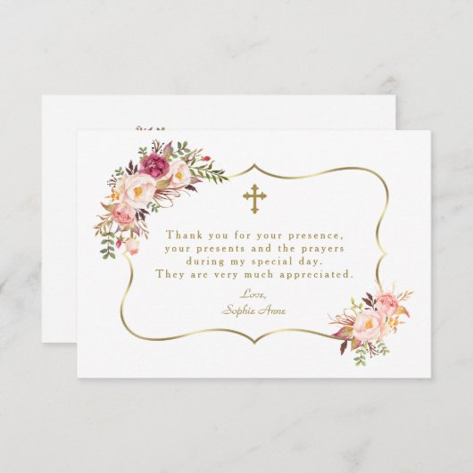 Roze bloesem Floral Gold Lijst Cross-Baptisme Bedankkaart (Voorkant / Achterkant)