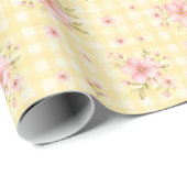 Roze Bloesem Gele Gingham Waterverf Cadeaupapier (Rol Hoek)