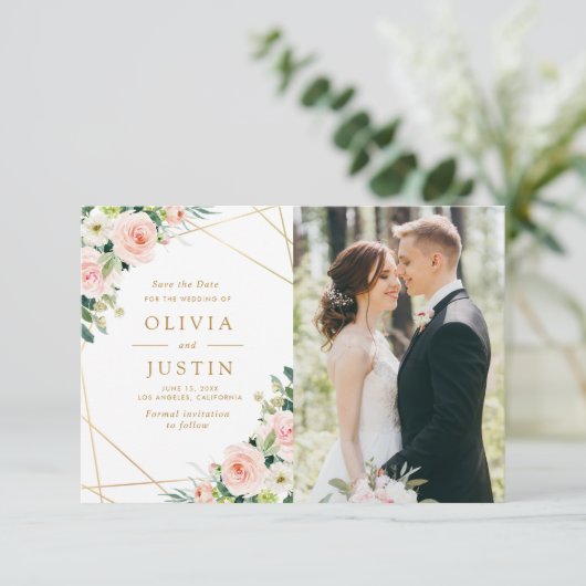 roze bloesem geometrisch sparen de datumkaart save the date (Staand voorkant)