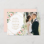 roze bloesem geometrisch sparen de datumkaart save the date (Voorkant / Achterkant)