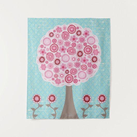 Roze Bloesem geschilderde kunstboom Wandkleed (Voorkant)