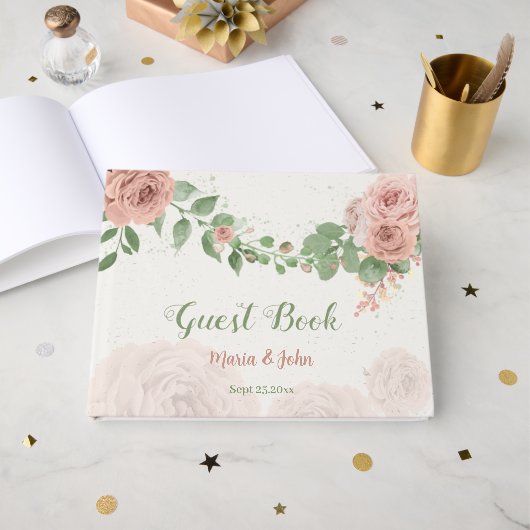 roze bloesem groen blad gastenboek (Voorkant open)