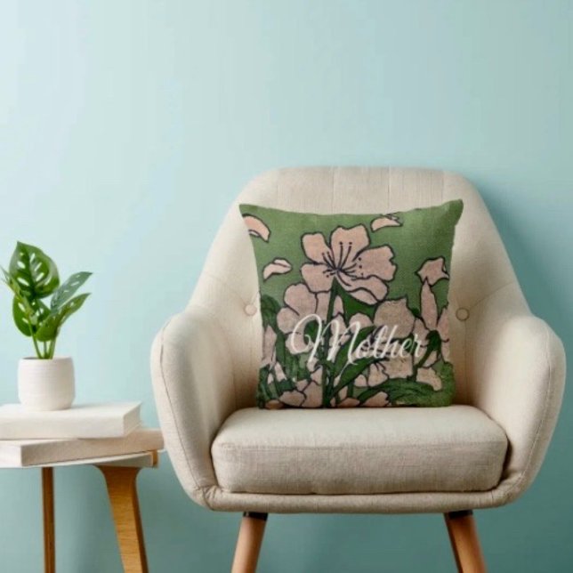 Roze Bloesem Groene Worp Kussen (Throw Pillow 100% polyester heavyweight stretch material. Hidden zipper Made in the USA.

)