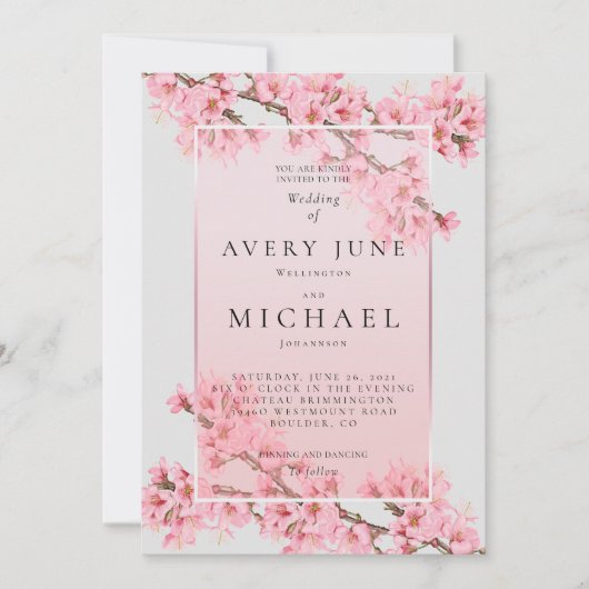 Roze bloesem kersenbloesem bruiloft kaart (Voorkant)