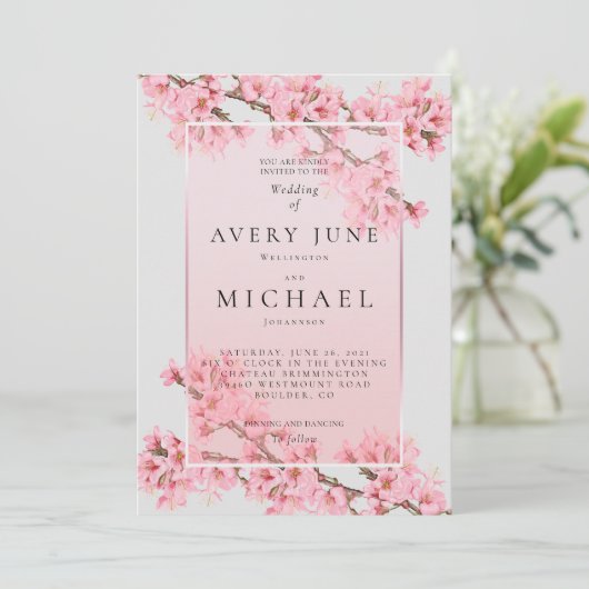 Roze bloesem kersenbloesem bruiloft kaart (Staand voorkant)