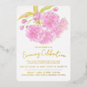 Roze bloesem lente avond viering goud folie uitnodiging (Voorkant)