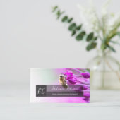 Roze bloesem met bijengrijze rechthoek monogram visitekaartje (Staand voorkant)