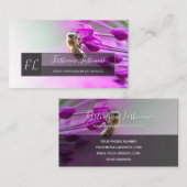 Roze bloesem met bijengrijze rechthoek monogram visitekaartje (Voorkant / Achterkant)