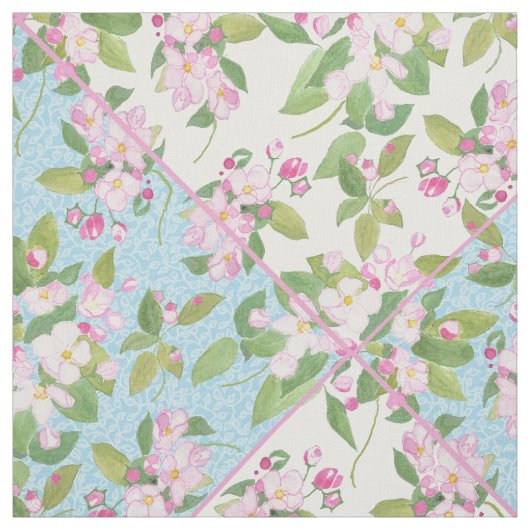 Roze bloesem op blauw en wit faux patchwork stof (Swatch)