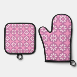 Roze Bloesem Retro Tegelpatroon Ovenwant & Pannenlap Set