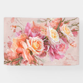 Roze Bloesem Rozen Waterverf Kunstdruk #1 Spandoek