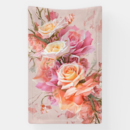 Roze Bloesem Rozen Waterverf Kunstdruk #1 Spandoek (Verticaal)